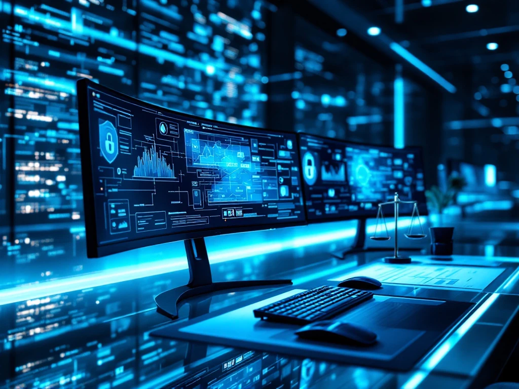 Modern cybersecurity workspace with monitors showing security visualizations, biometric device, and digital matrices in blue lighting