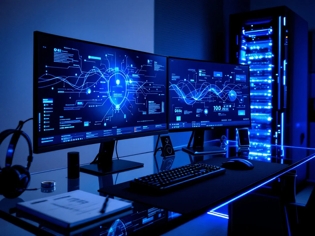Modern cybersecurity workstation with multiple monitors displaying data visualizations, professional equipment, and ambient blue lighting in a minimalist office.