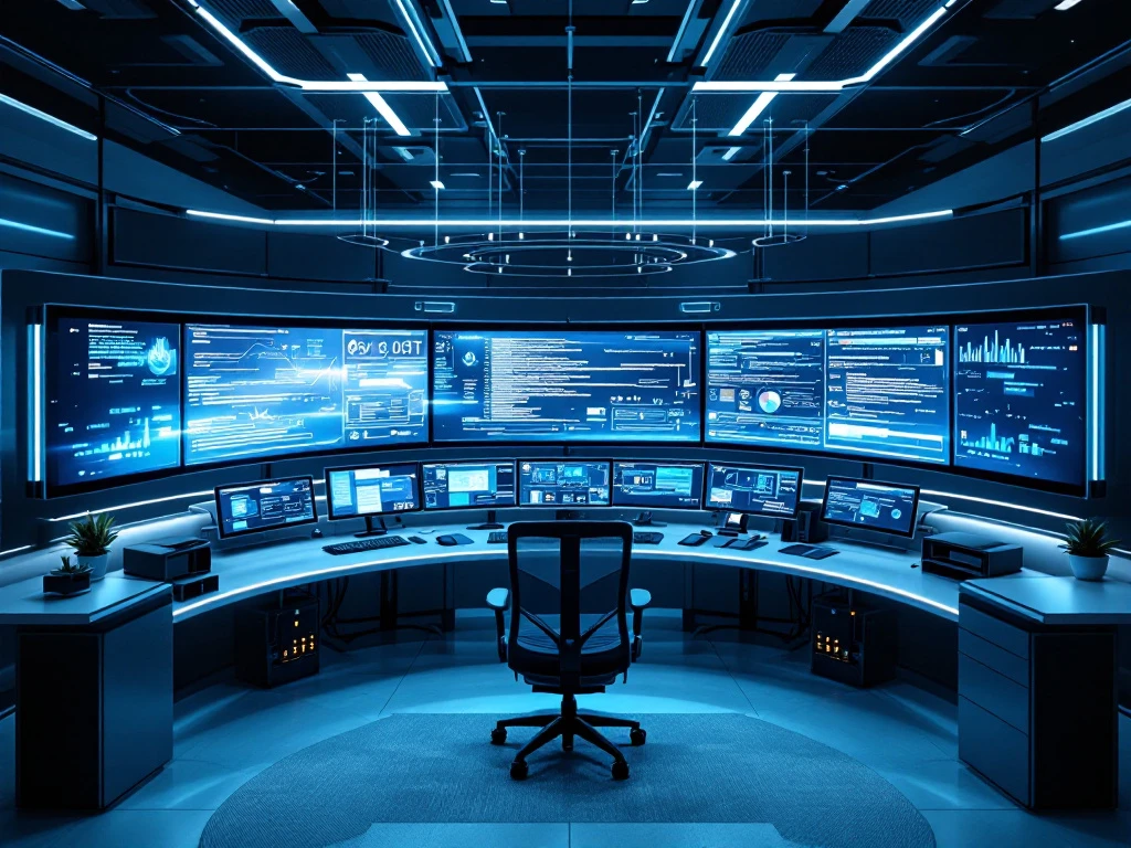 Cybersecurity operations center featuring curved monitors displaying digital forensics dashboards and a specialized forensic workstation with holographic data visualization.