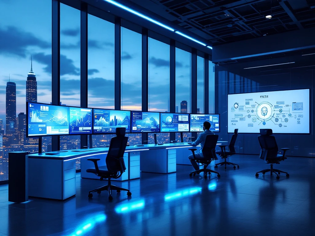 Modern cybersecurity operations center with curved monitors displaying security dashboards, blue lighting, and city skyline view at dusk.
