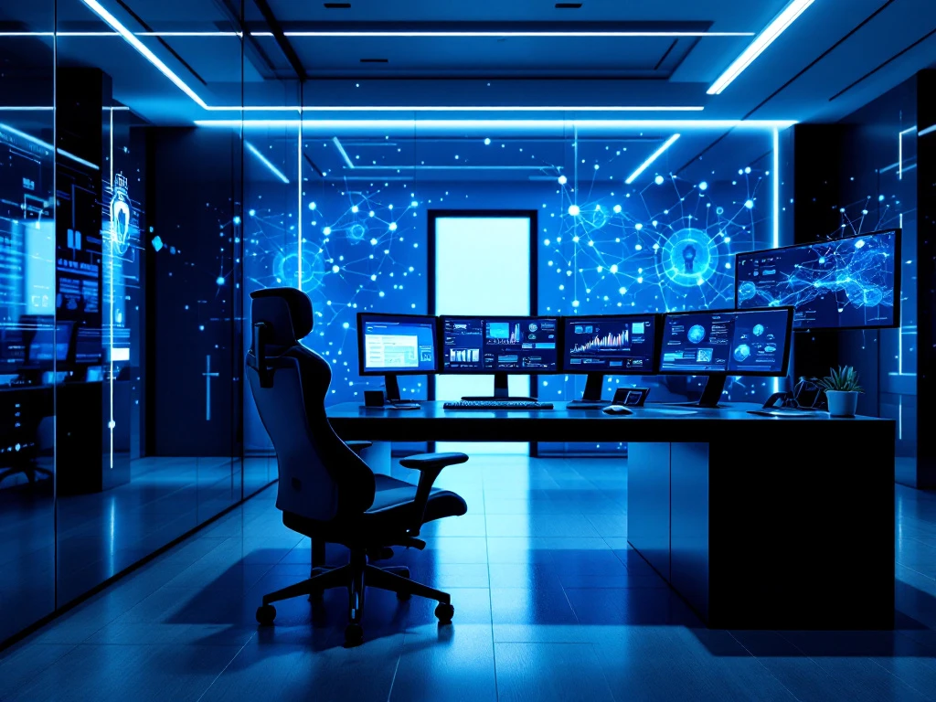 Modern cybersecurity operations center with blue lighting, multiple security analytics monitors, and a glass wall displaying network node patterns. Stylish desk with vacant chair.