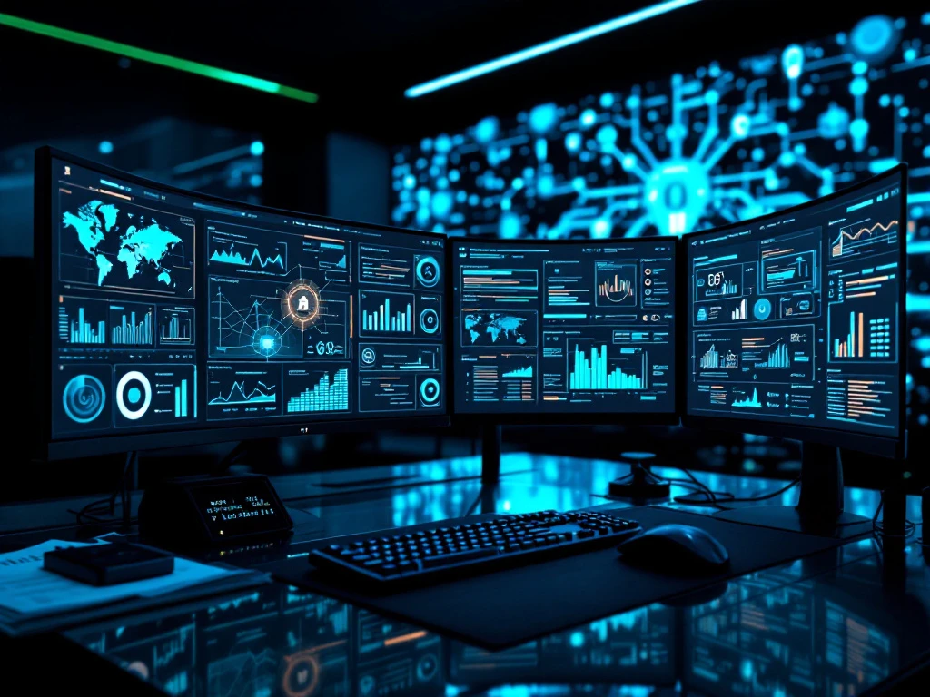 Modern cybersecurity operations center with curved monitors displaying analytics dashboards under blue lighting with holographic security domain projections.