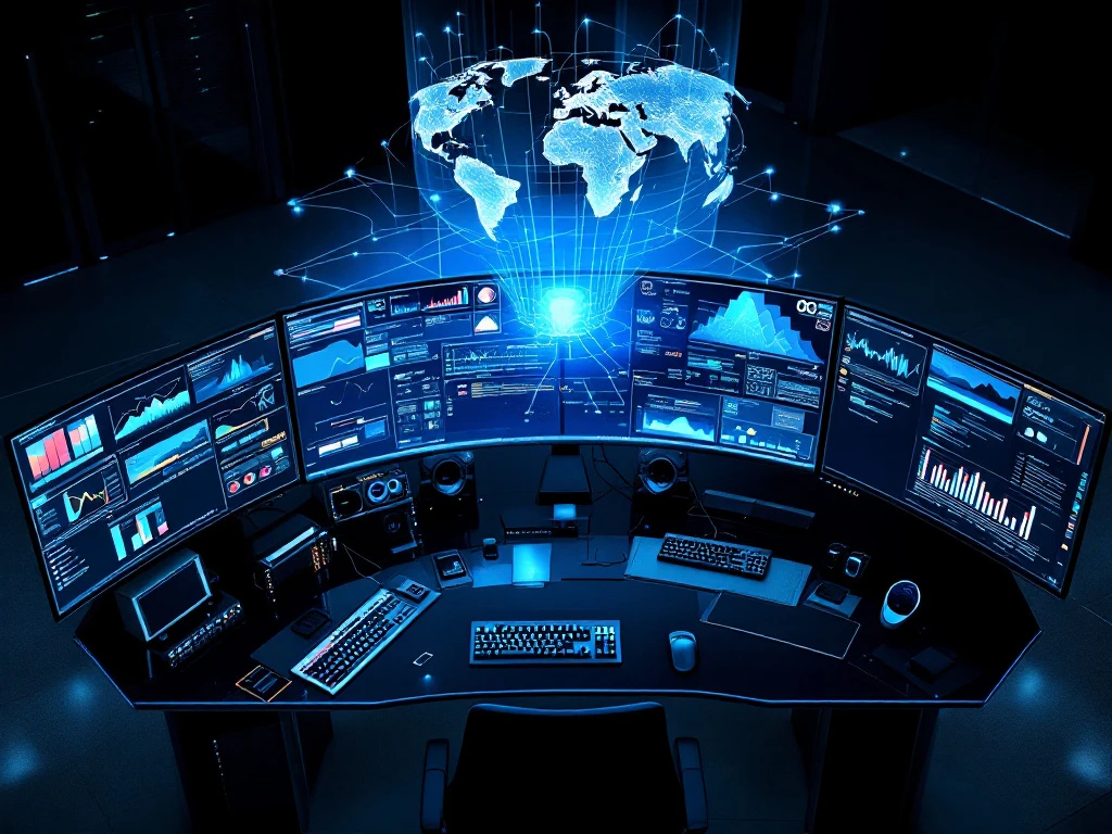 Cybersecurity operations center with curved ultrawide monitors displaying security analytics and network diagrams under dramatic blue lighting.