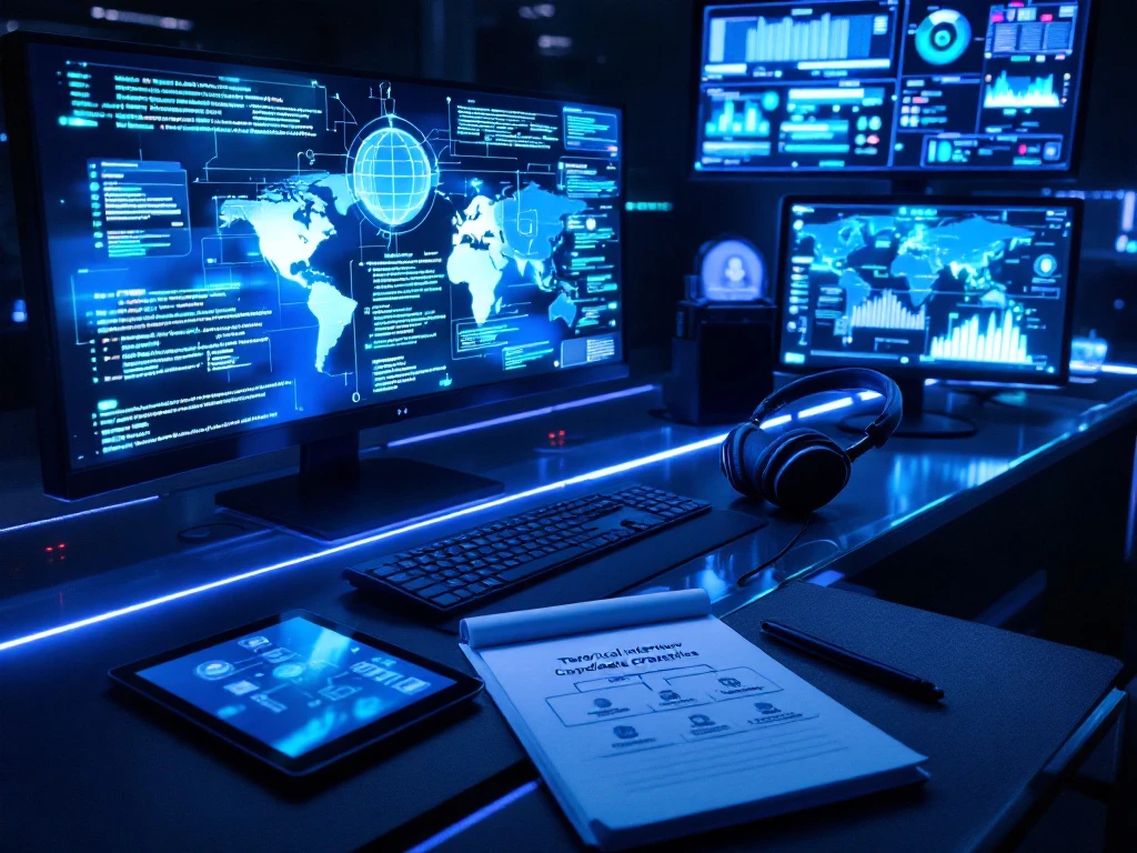 Modern cybersecurity operations center with multiple monitors displaying data visualizations and code in blue tones, featuring technical interview materials and sophisticated lighting.