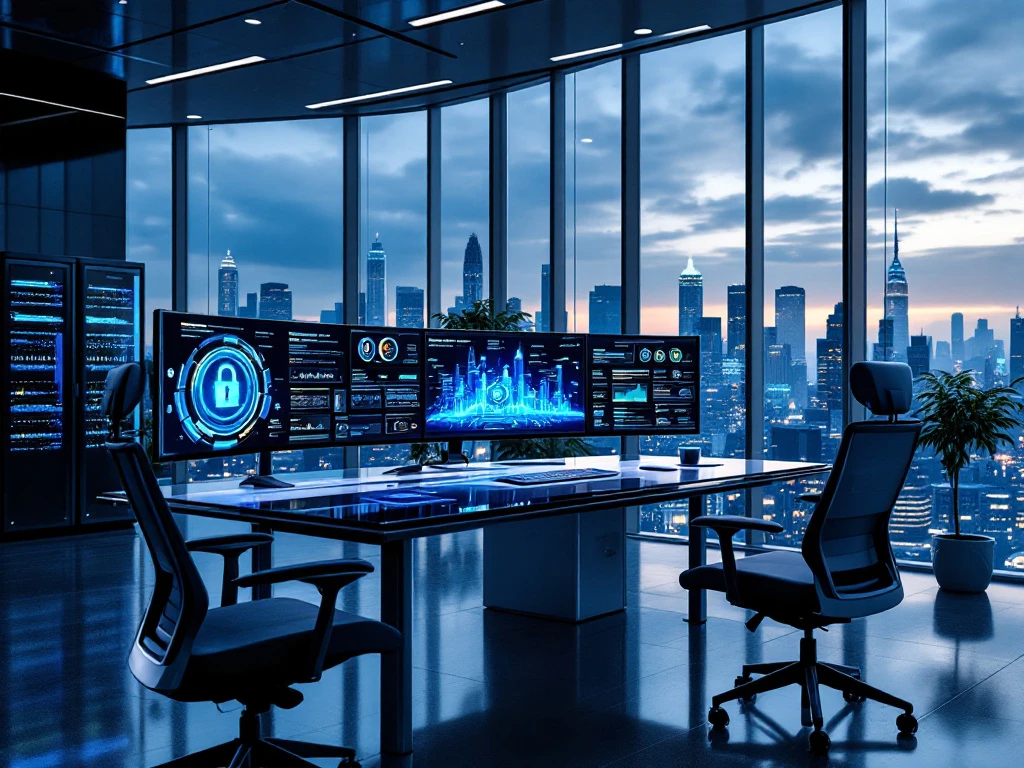Modern cybersecurity operations center with curved ultrawide monitors, city skyline views, ambient blue lighting, and server equipment.