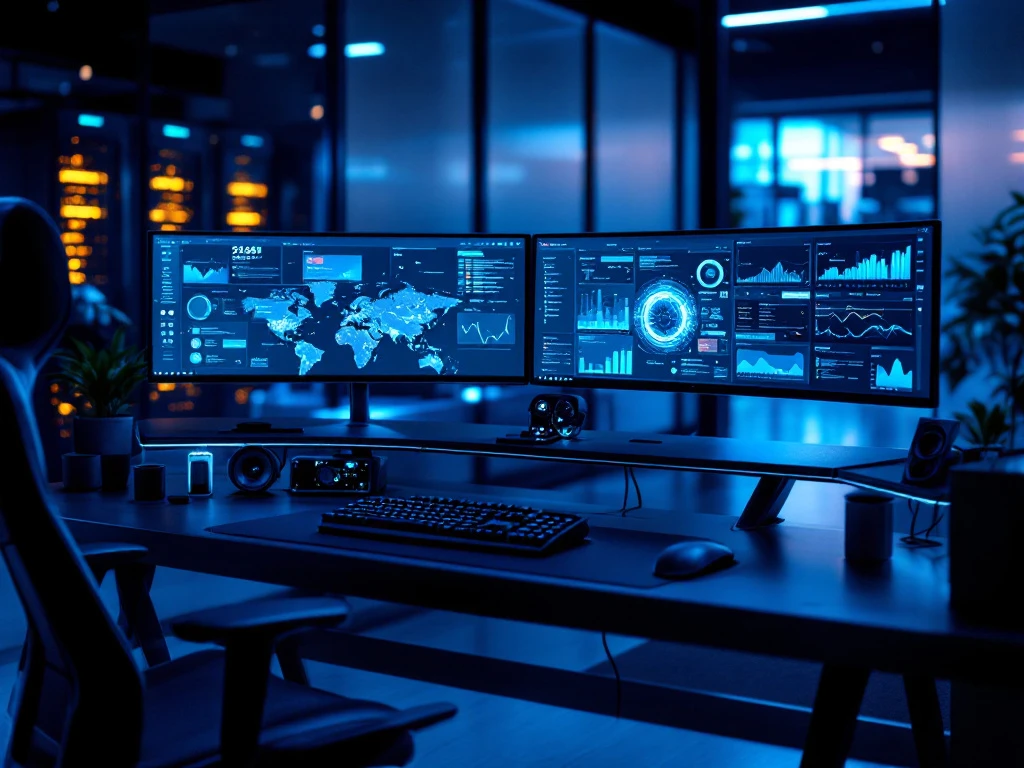 Modern cybersecurity operations center with dual ultrawide monitors displaying data visualizations and security dashboards under blue ambient lighting.
