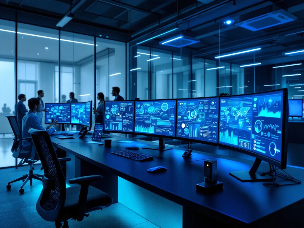 Modern cybersecurity operations center with curved monitors displaying blue data visualizations, minimalist workspace and collaborating professionals.