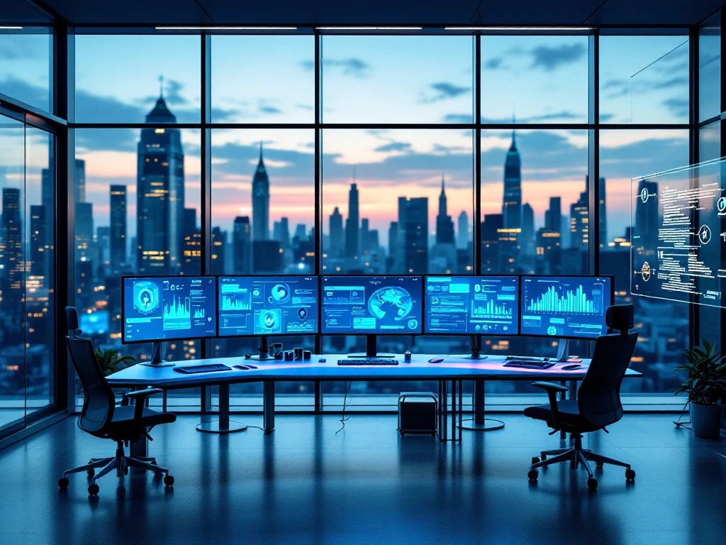 Modern cybersecurity operations center with curved monitors displaying security dashboards overlooking city skyline at dusk