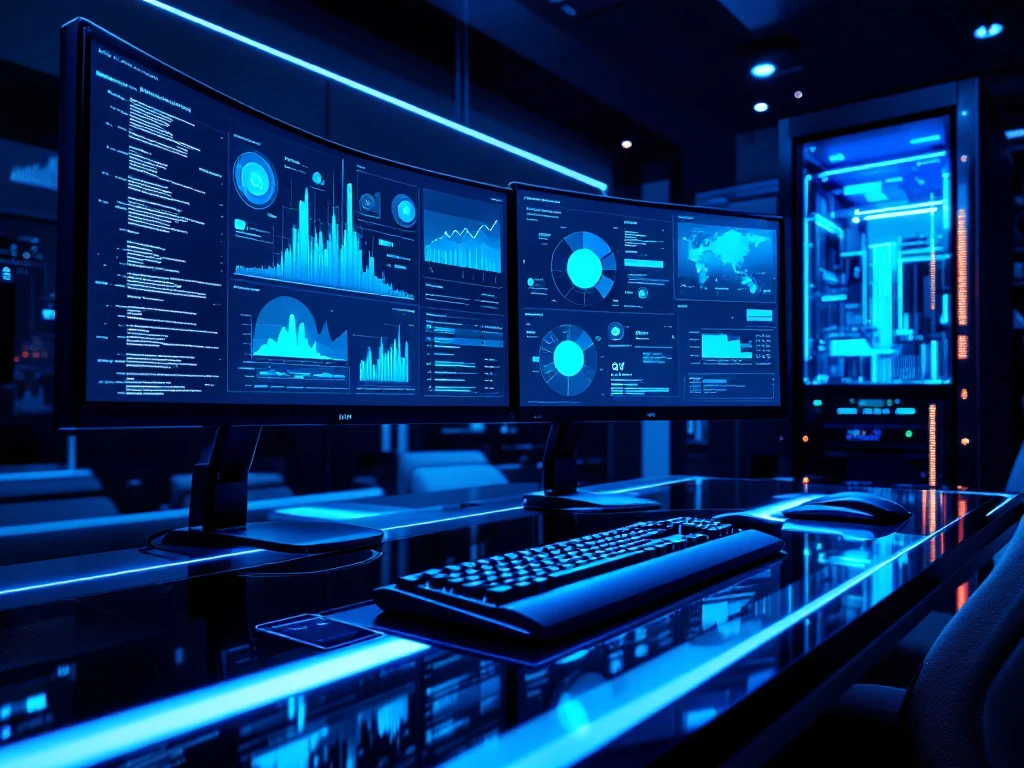 Modern cybersecurity operations center with curved monitors displaying data visualizations, illuminated glass desk, and security access card in cool blue tones.