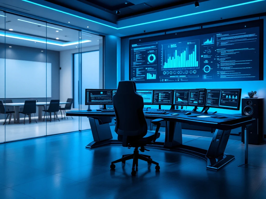 Modern cybersecurity operations center with semi-circular workstations, security analytics on multiple screens, and empty chair suggesting transition.