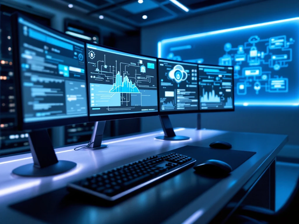 Modern cybersecurity operations center with curved displays showing network data, minimalist design, blue lighting, and security architecture diagrams.