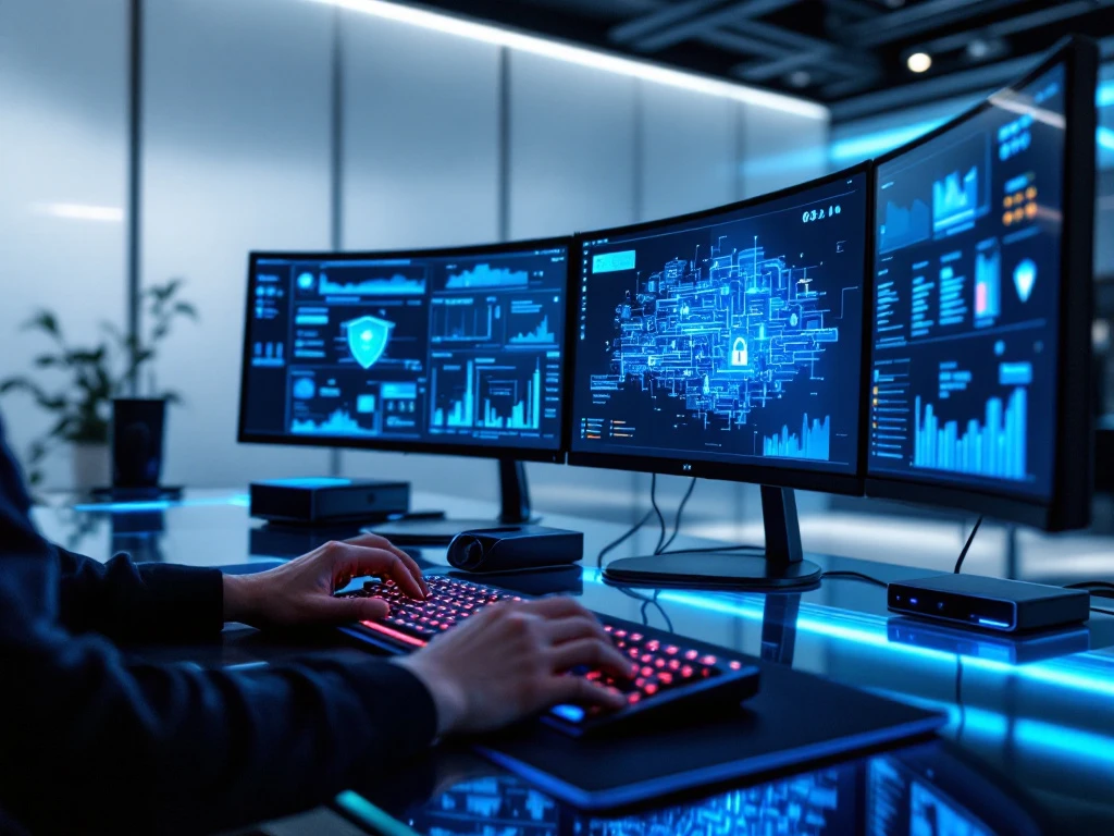 Security analyst typing on mechanical keyboard in modern cybersecurity operations center with blue-lit data visualizations across curved monitors