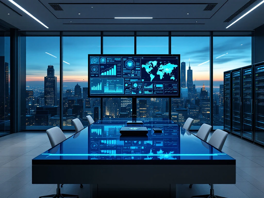 Modern cybersecurity operations center featuring multiple security dashboards, minimalist furniture, and city skyline view at dusk bathed in blue lighting.