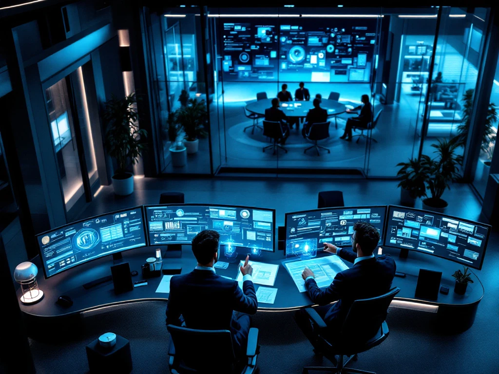 Modern cybersecurity operations center viewed from above with professionals analyzing security dashboards on curved monitors amid blue lighting