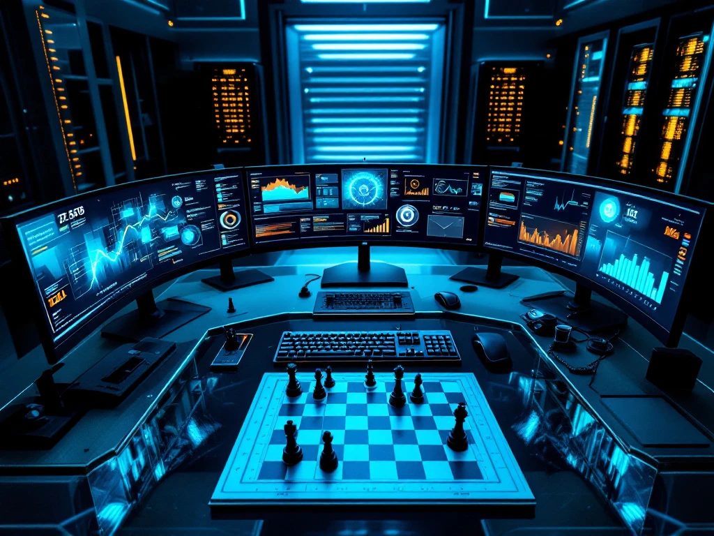 Modern cybersecurity operations center with curved monitors displaying data visualizations, blue lighting, chess board, and server rack in background.