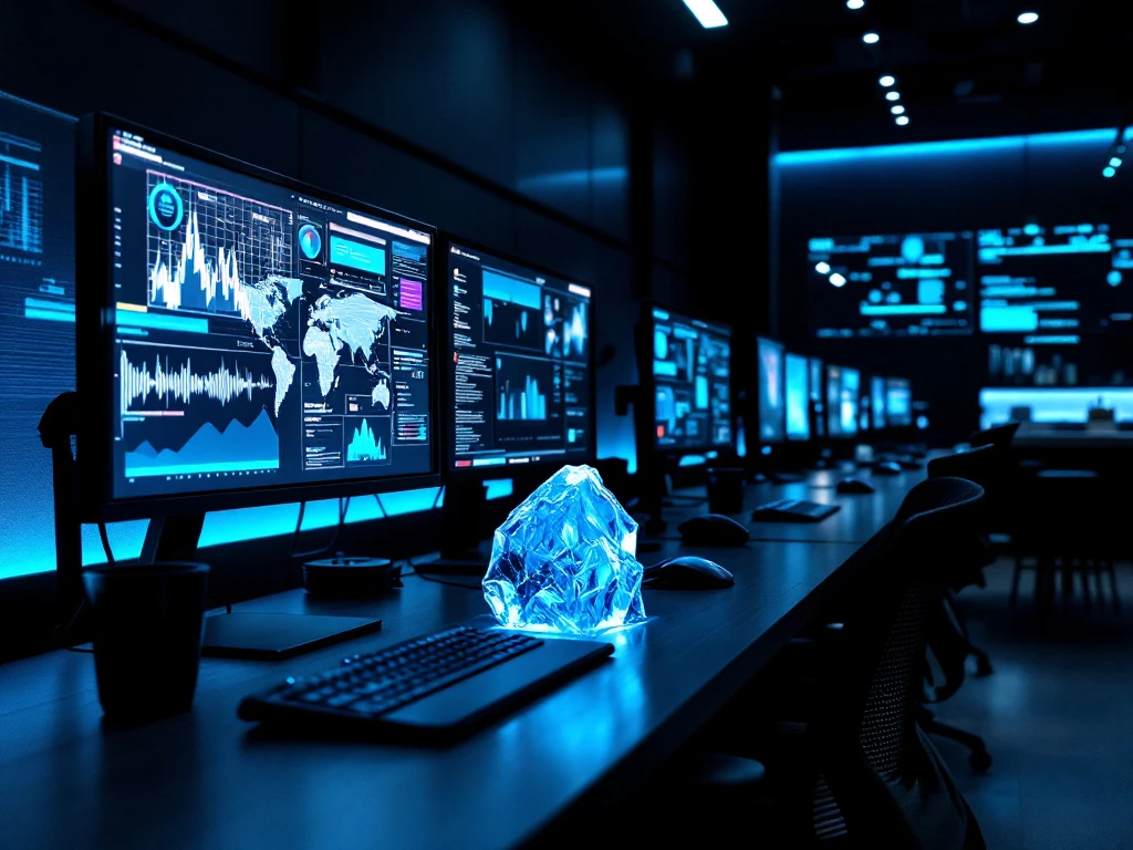 Modern cybersecurity operations center with data visualization monitors, ergonomic workstations, and collaborative areas under blue ambient lighting.