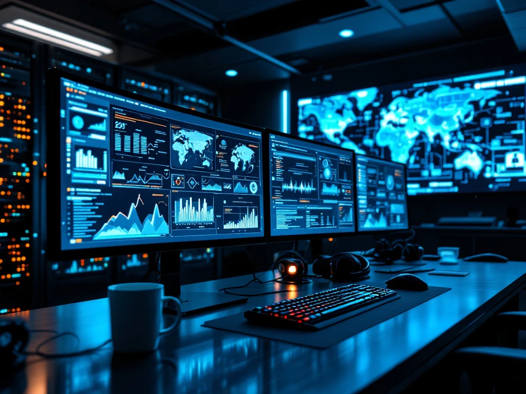 Modern cybersecurity operations center with multiple security dashboards, network diagrams, and server racks bathed in blue lighting, conveying technical vigilance.