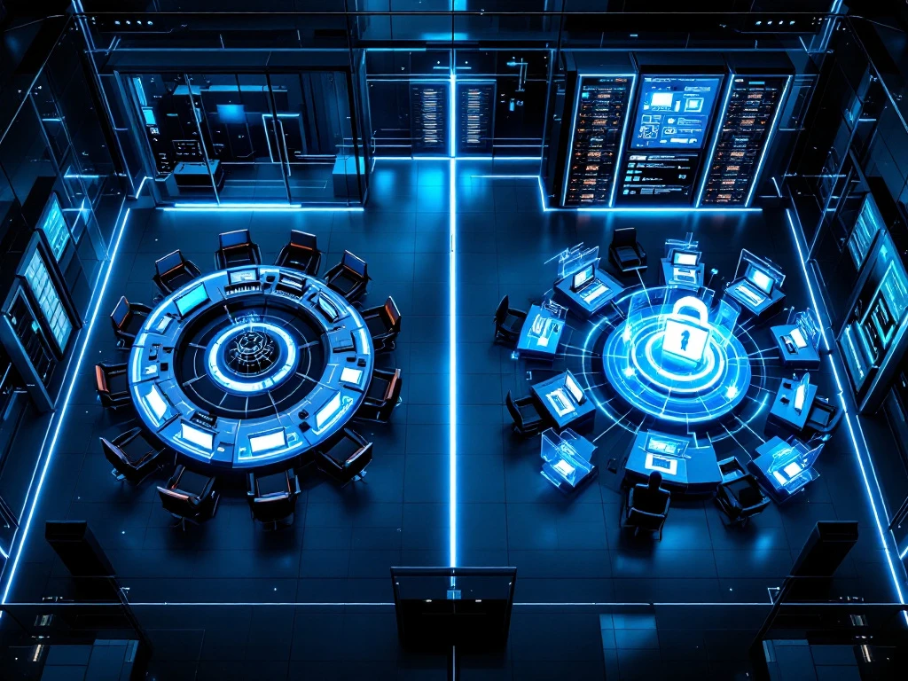 Modern cybersecurity operations center with dual layout: centralized monitoring hub and interconnected workstation clusters under ambient blue lighting