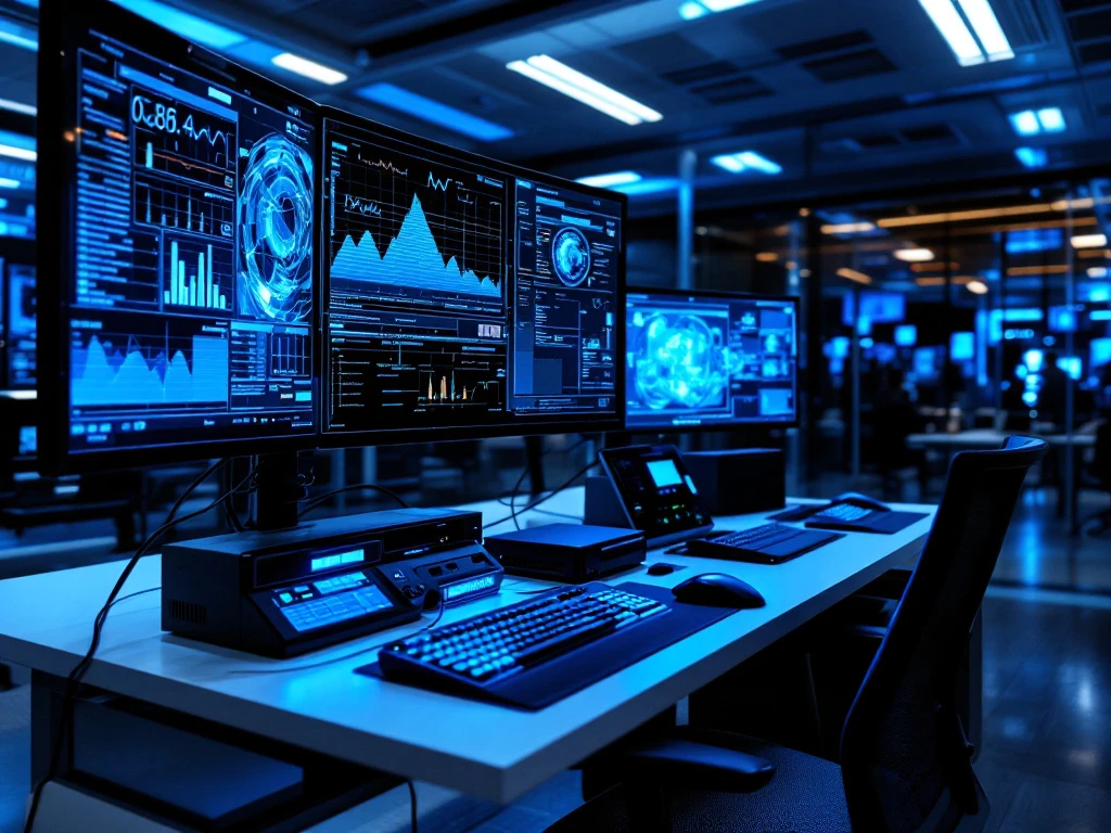 Modern cybersecurity operations center with forensic tools, data visualization monitors, and professional blue-lit workspace for digital investigations.
