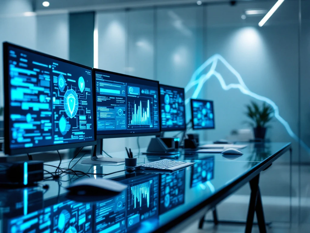 Modern cybersecurity operations center with dual workspaces—technical area with security monitors and code, business area with strategy documents, connected by sleek design.