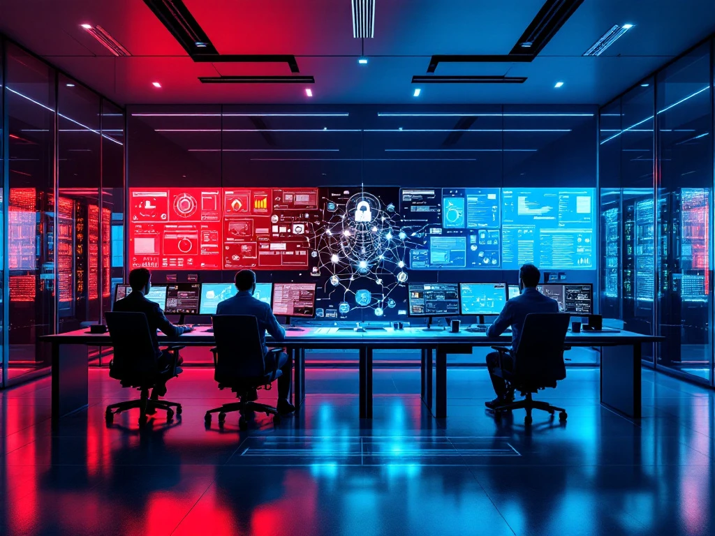 Modern cybersecurity operations center with red-lit offensive security workstations on left and blue-lit defensive monitoring on right, featuring holographic network display