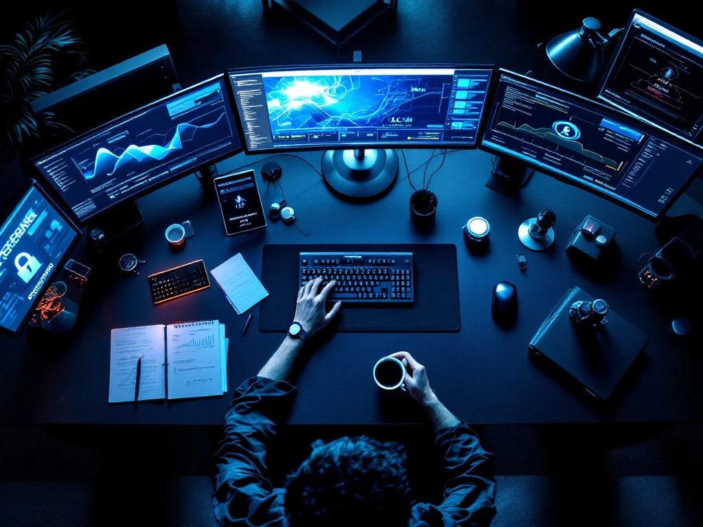 Cybersecurity workspace with monitors showing security interfaces, forensic hardware tools, and authentication equipment in blue lighting.