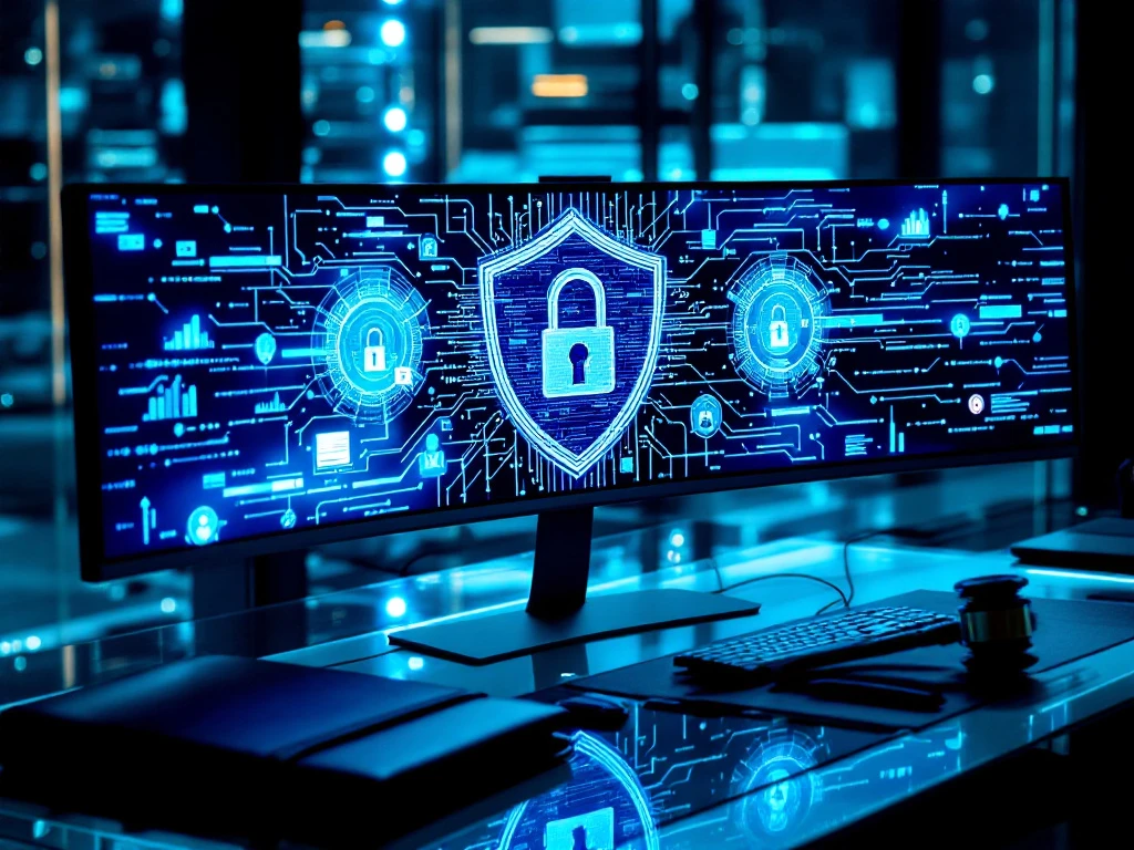 Modern cybersecurity workspace with dual monitors displaying data visualizations, forensic devices, and server racks in professional office setting with blue lighting.