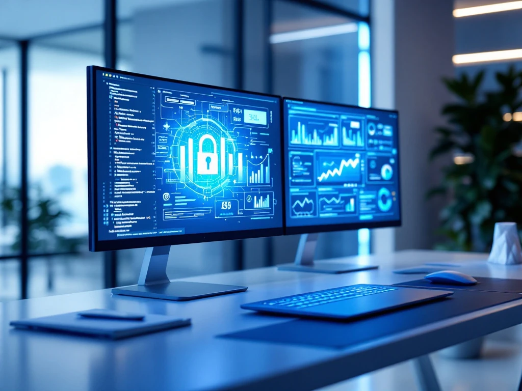 Modern cybersecurity workspace with dual monitors displaying code and business analytics in a minimalist blue-lit office environment.