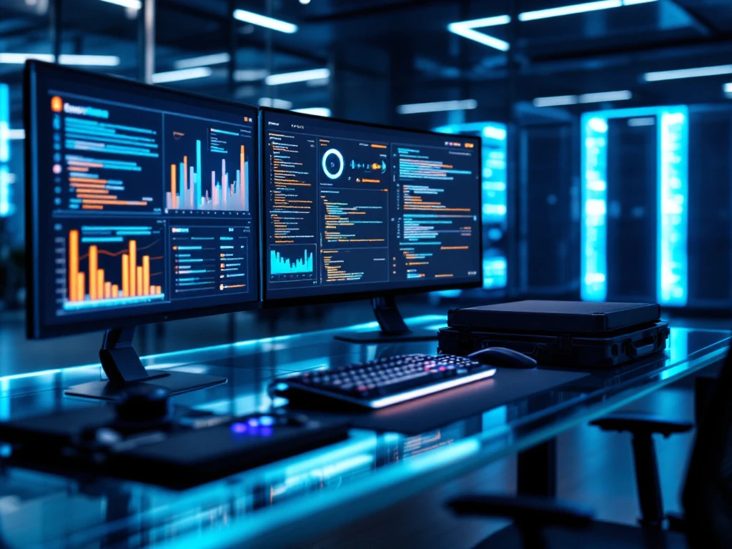 Modern cybersecurity workspace with analytics dashboards, forensic tools, and a server room visible through glass partition in a blue-lit minimalist office.