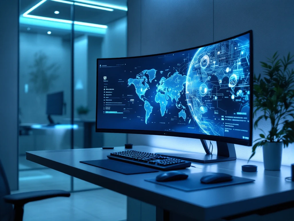 Modern cybersecurity operations center with ultrawide monitor, digital forensics tools, and collaborative workstations in blue lighting