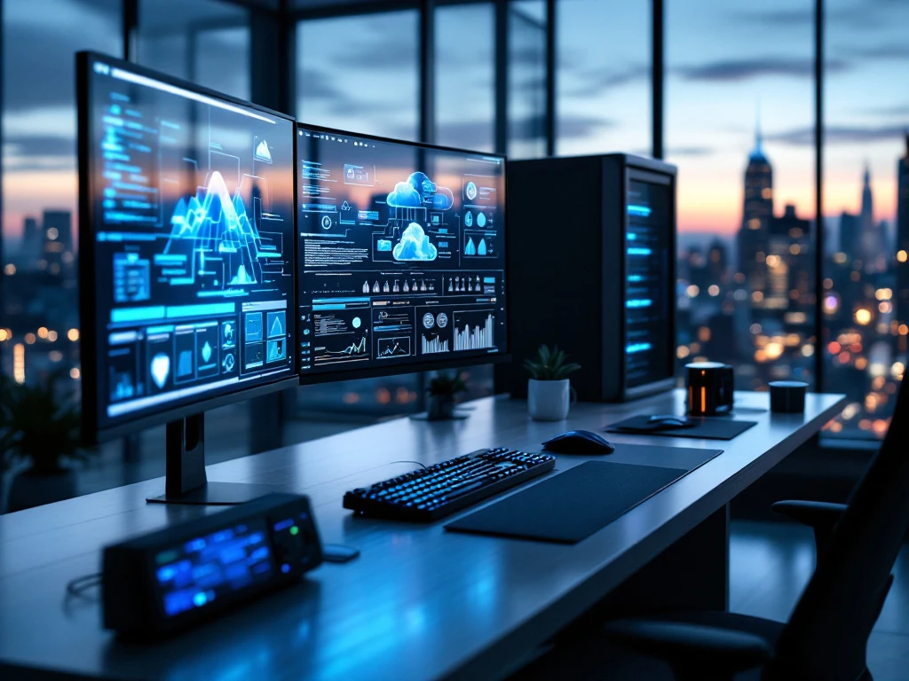 High-tech cybersecurity workstation with monitors displaying data analytics, forensic equipment, and cloud schematics in sleek office at dusk.