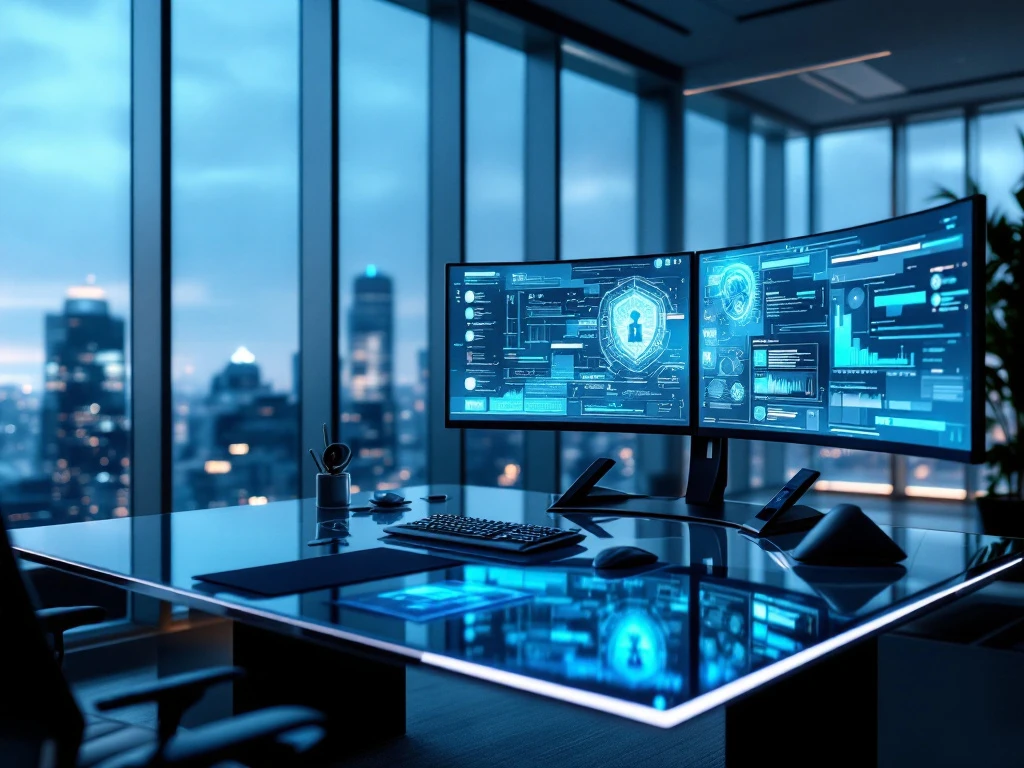Modern cybersecurity workspace with curved monitors displaying data visualizations, glass desk, and panoramic city views in blue ambient lighting