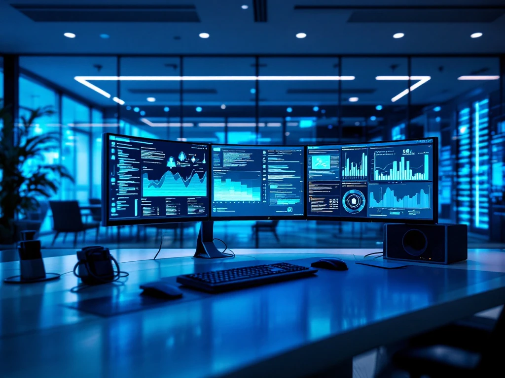 Modern cybersecurity workstation with curved monitors displaying code and analytics in blue-lit office space with glass-walled meeting room.