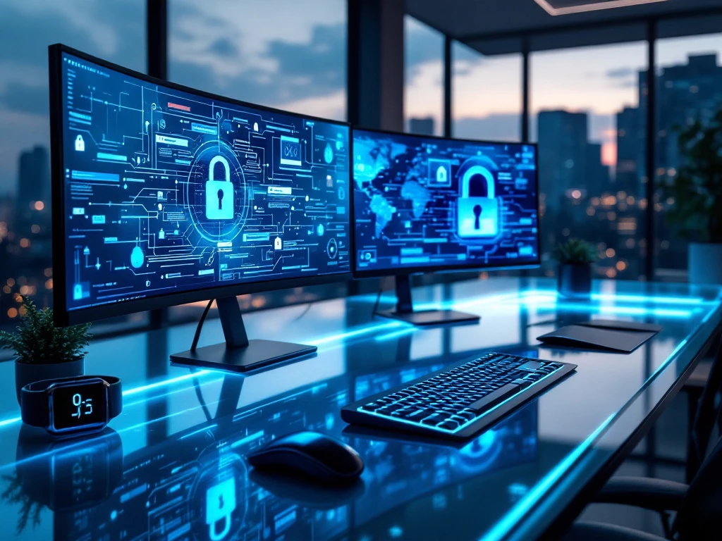 Ultramodern cybersecurity workspace with curved glass desk, multiple monitors displaying blue data visualizations, and city view at dusk.
