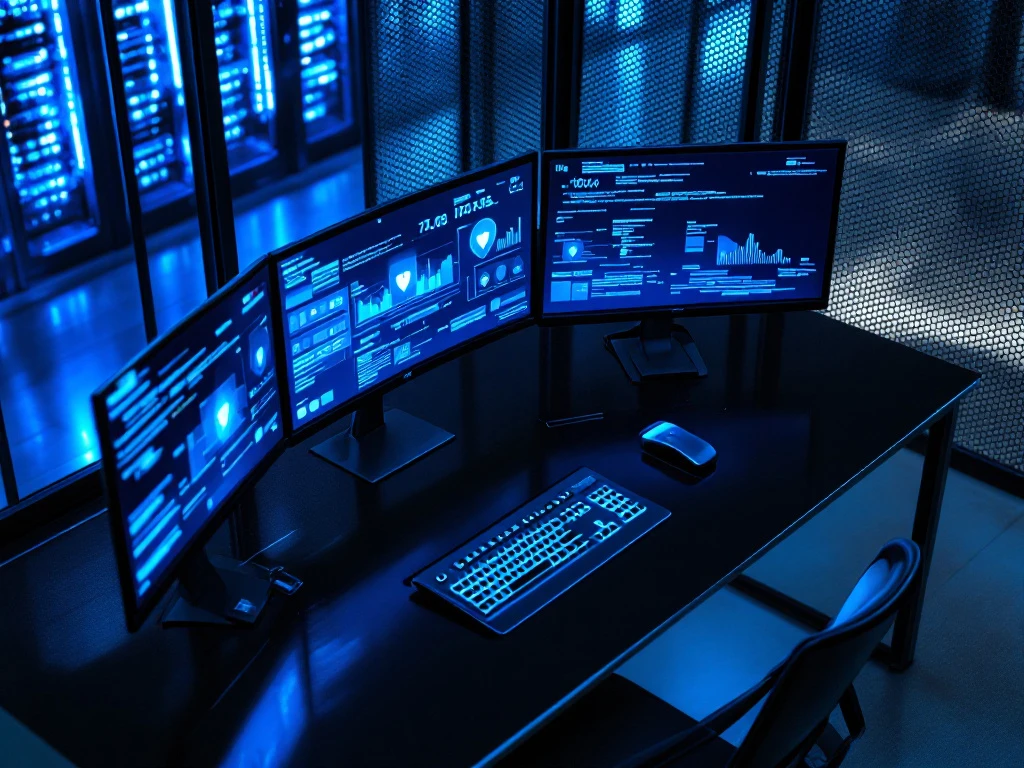 Modern cybersecurity workspace with monitors displaying data visualizations and security dashboards in a professional blue-lit environment.