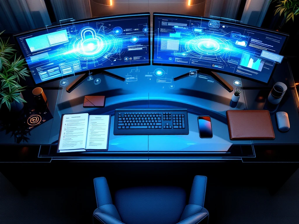 Cybersecurity workspace with dual monitors displaying security dashboards, premium devices on glass desk, and professional documents in leather portfolio.