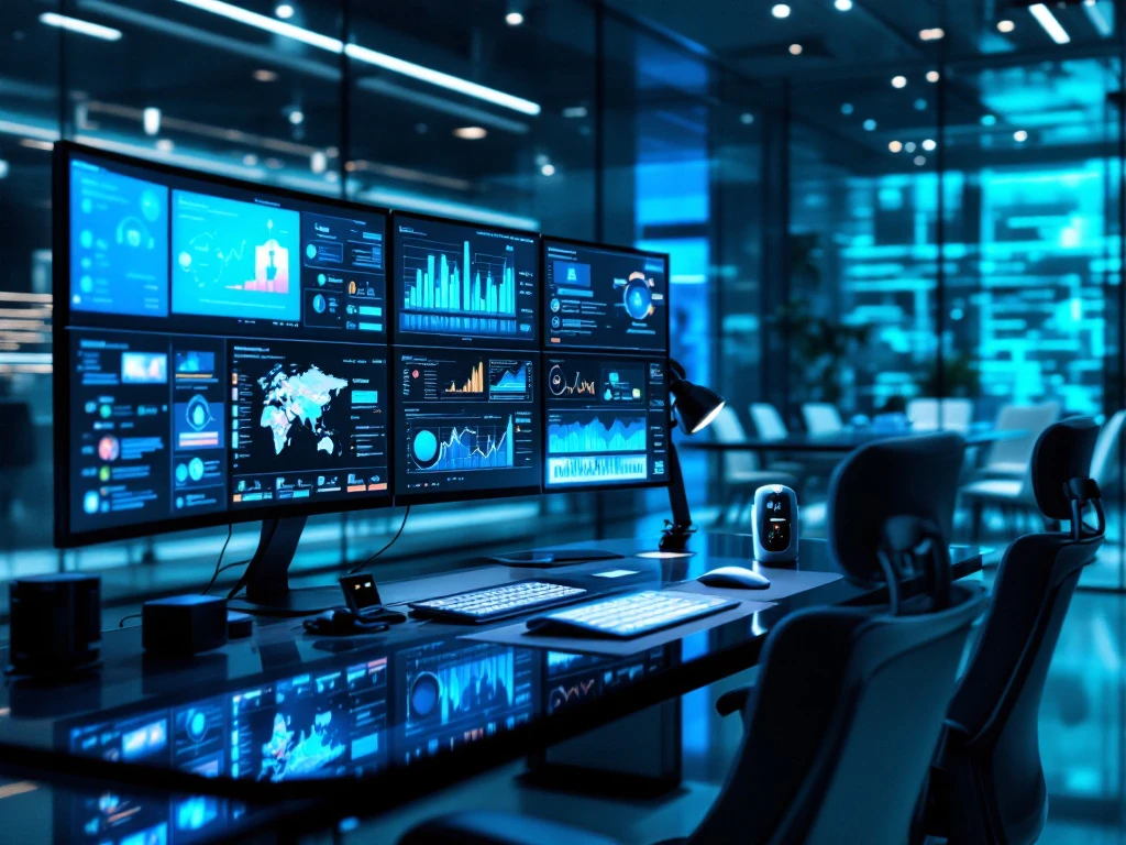 Modern cybersecurity workstation with multiple monitors displaying data analytics in a sleek office with blue ambient lighting and glass conference room.