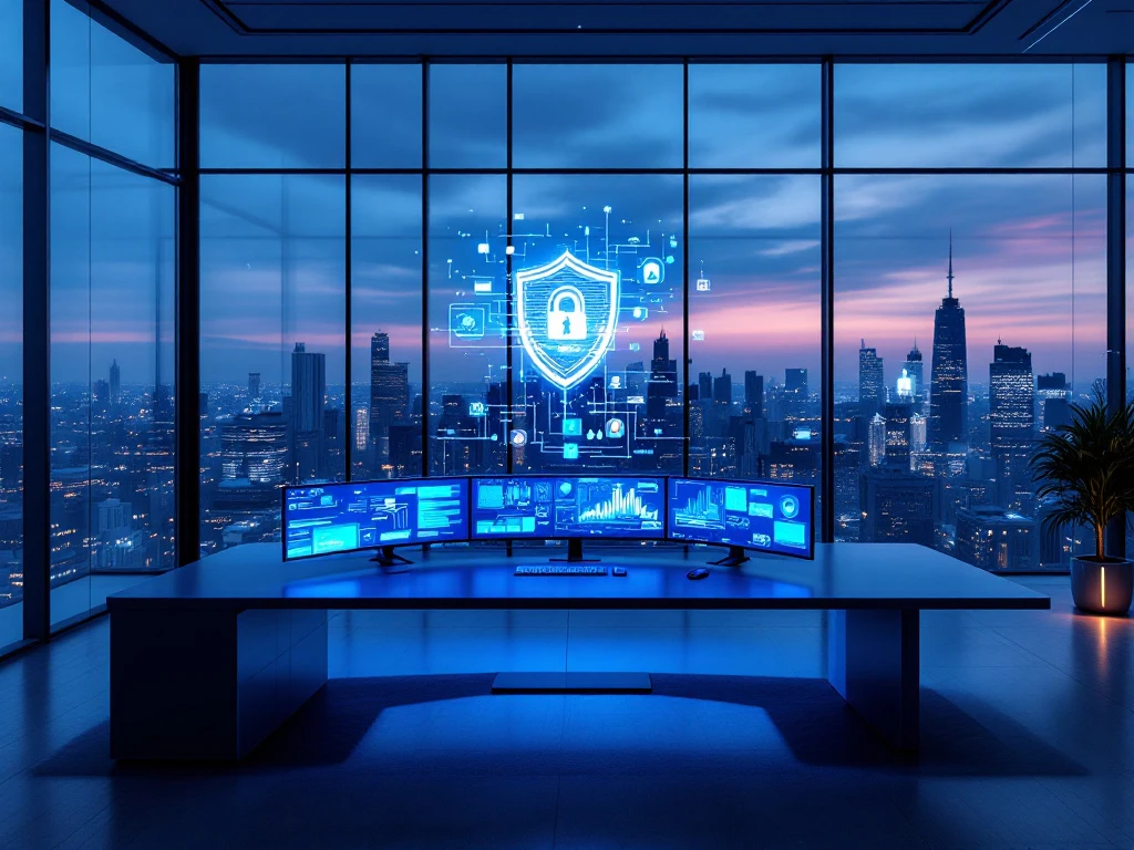 Modern cybersecurity office with curved monitors, holographic interface and city skyline view at dusk. Sleek workspace features biometric scanners and blue LED lighting.
