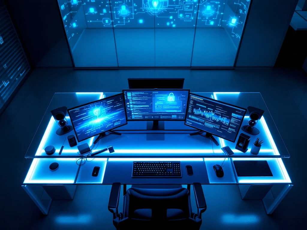 Sophisticated cybersecurity workspace with multiple monitors displaying code and security visualizations in a blue-lit professional office environment.