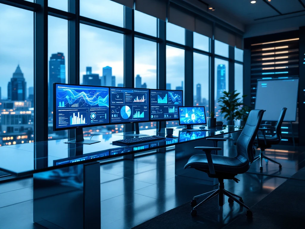 Modern cybersecurity workspace with multiple security analytics monitors, server rack, and ergonomic furniture in sunlit office overlooking cityscape.