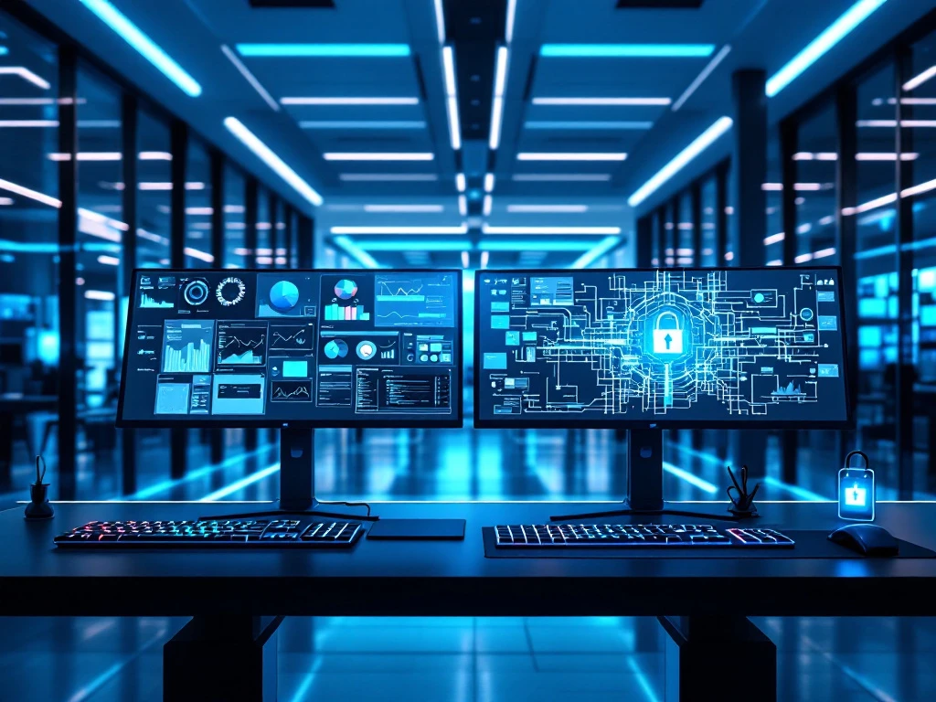 Modern cybersecurity office with dual workstations: multi-monitor security analytics setup adjacent to minimalist emerging architecture workspace.