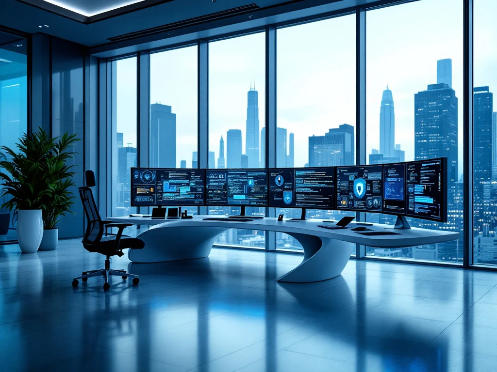 Modern cybersecurity workstation with multiple monitors in sleek office overlooking city skyline, featuring digital security visualizations and biometric technology.