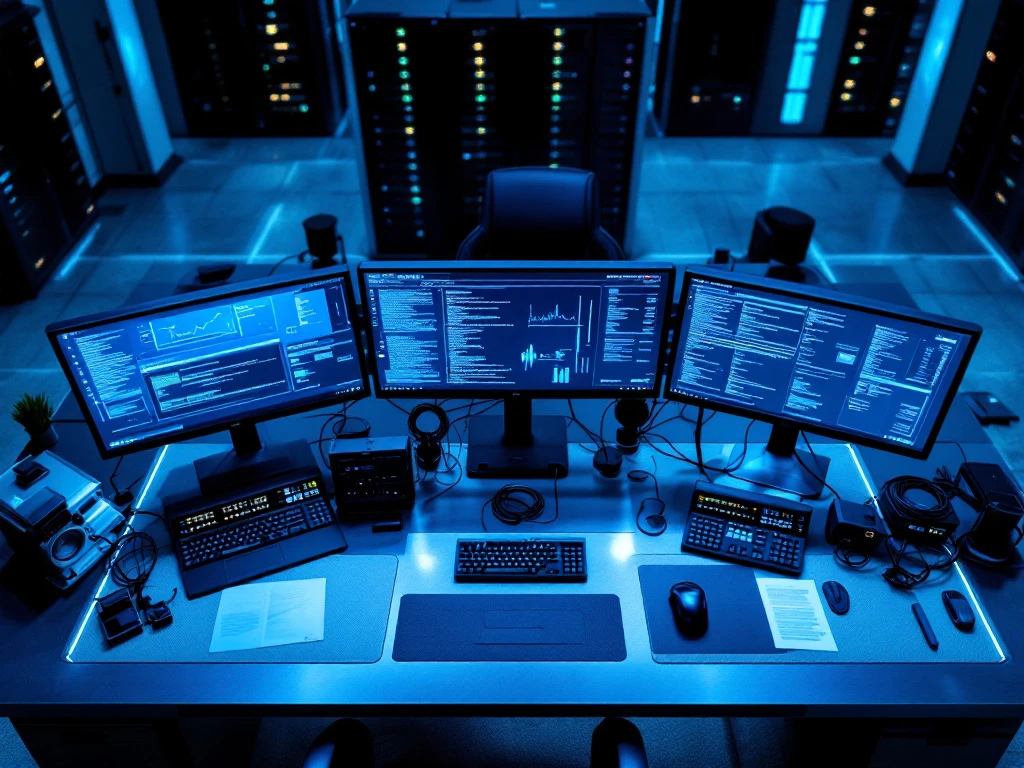 Sophisticated digital forensics laboratory with multiple monitors, specialized equipment, write-blockers and server racks under blue ambient lighting.
