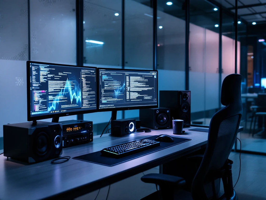 Modern digital forensics workspace with multiple monitors, specialized tools, and blue lighting in a secure, professional environment.