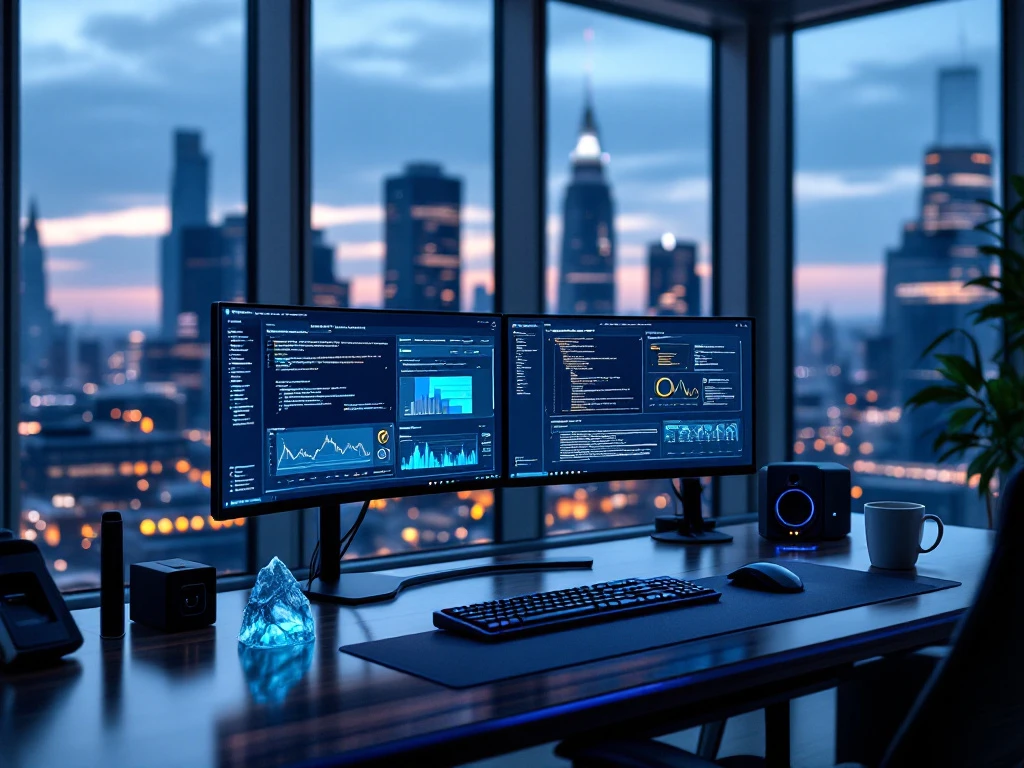 Modern eDiscovery workstation with dual monitors showing legal documents and security analytics in a sleek office with city skyline views and blue accent lighting.