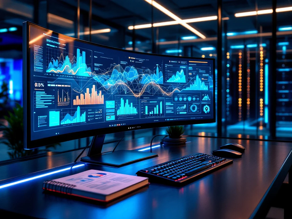 Modern eDiscovery workspace with curved ultrawide monitor displaying cybersecurity dashboards, minimalist glass desk, and server room visible in background.