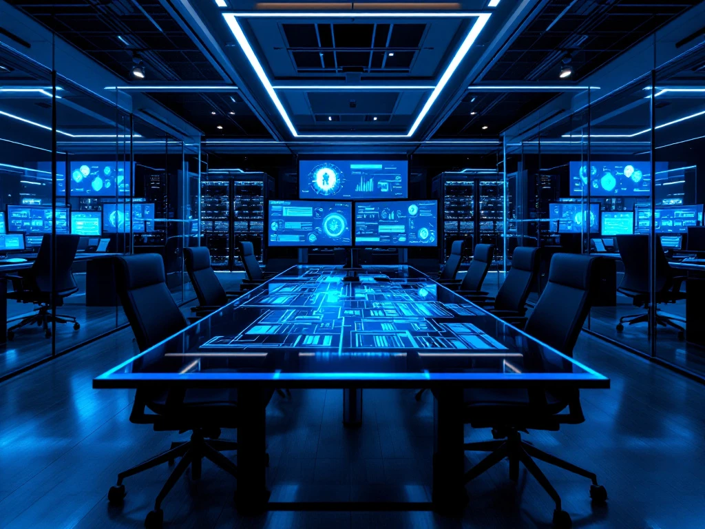 Expanding cybersecurity operations center with active security dashboards, architectural plans, and partially configured new workstations in a blue-lit environment.