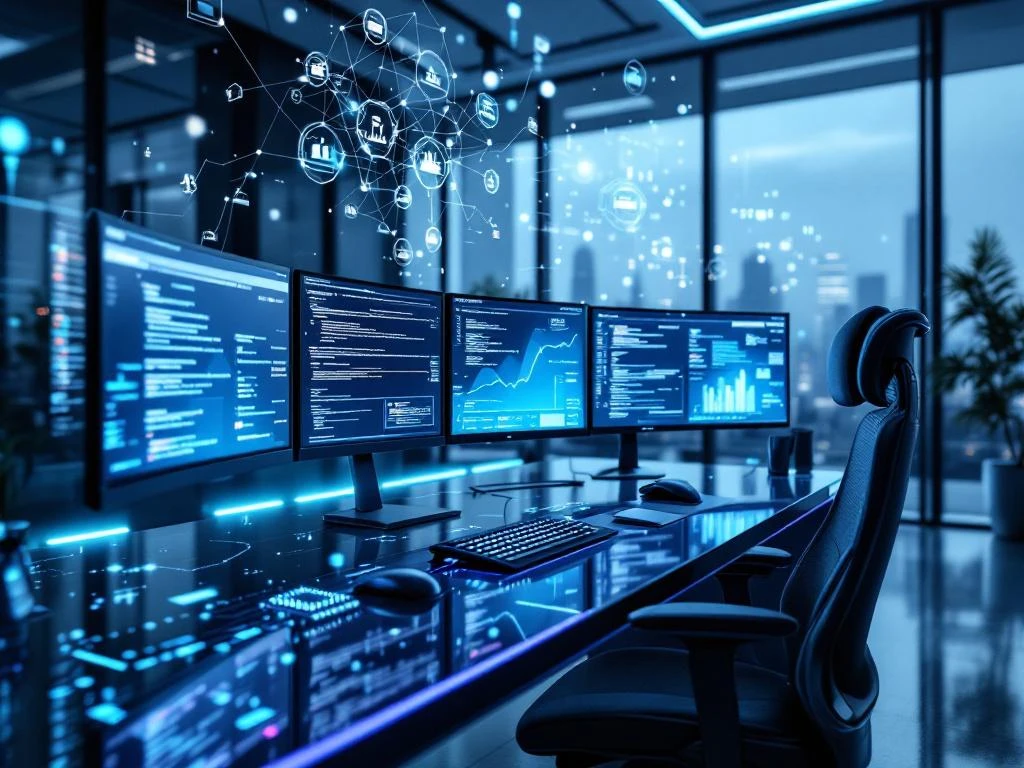 Modern AI-powered legal workstation with curved monitors displaying code and analytics in sleek office with blue lighting.