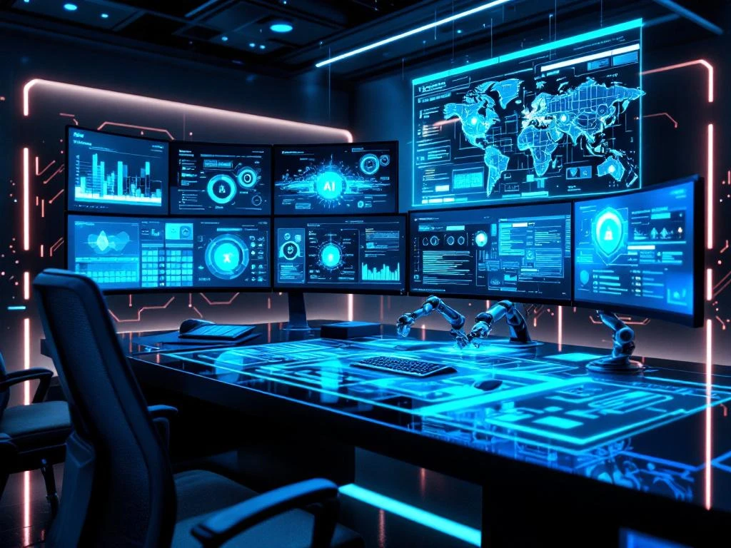 Modern cybersecurity command center with curved monitors displaying AI security dashboards and holographic network diagrams