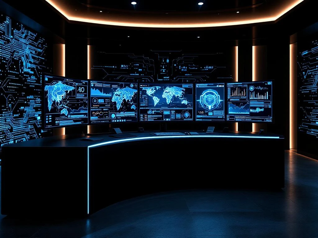 Modern cybersecurity command center with curved monitors displaying AI neural networks and data visualizations in blue tones.